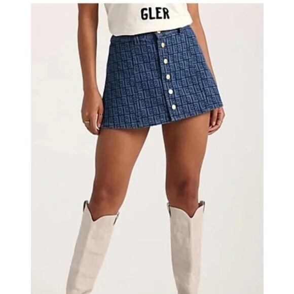 Wrangler X LEON BRIDGES LASER monogram button blue denim mini SKIRT XL NWT - Picture 1 of 10
